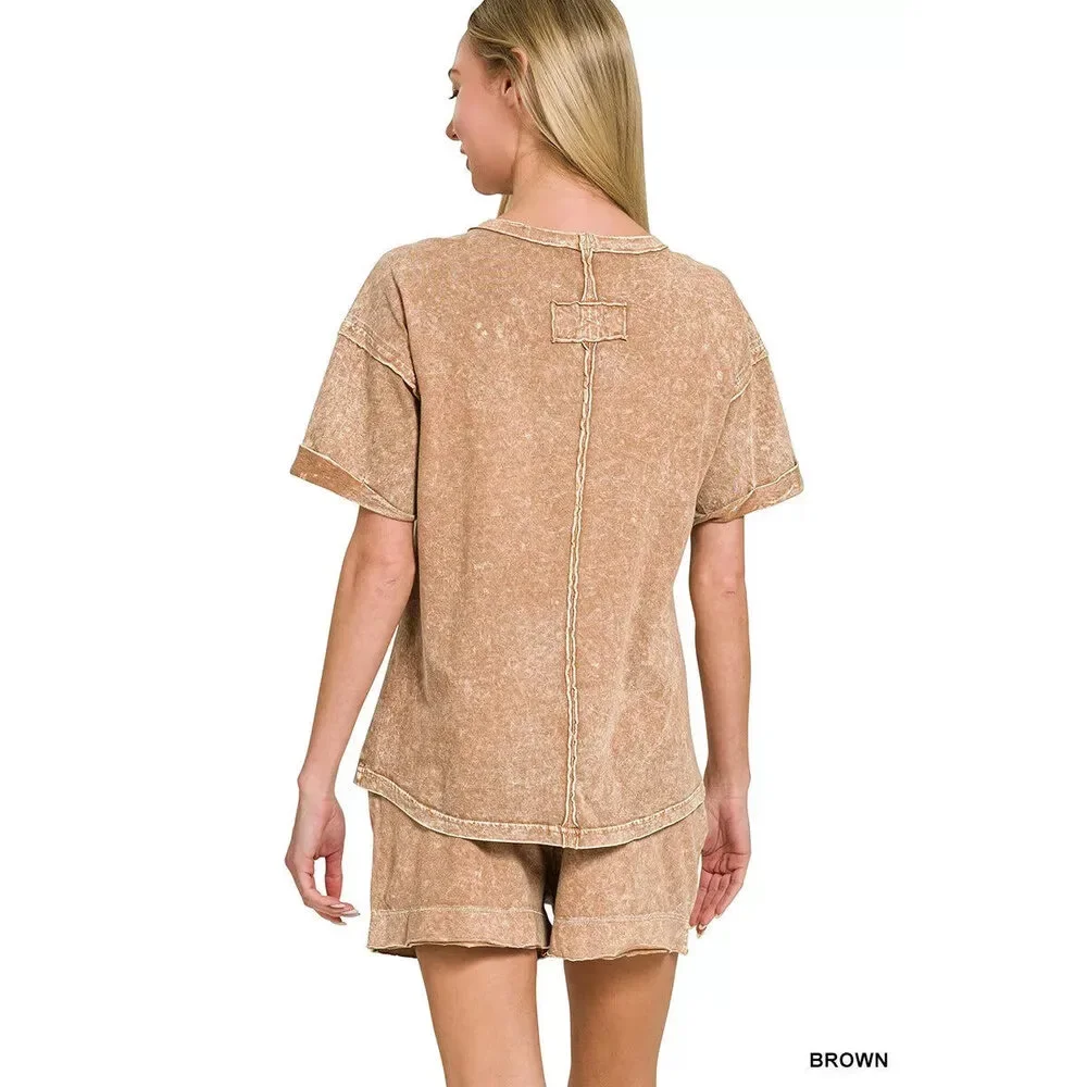 Zenana Halo Snow Washed Exposed Seam Top & Shorts Set
